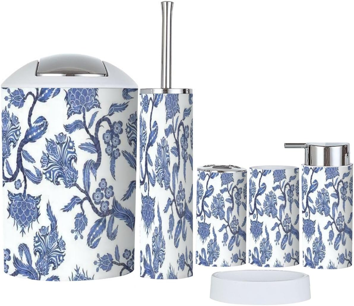 6 Piece Japanese Blue Chinoiserie Bathroom Accessory Set