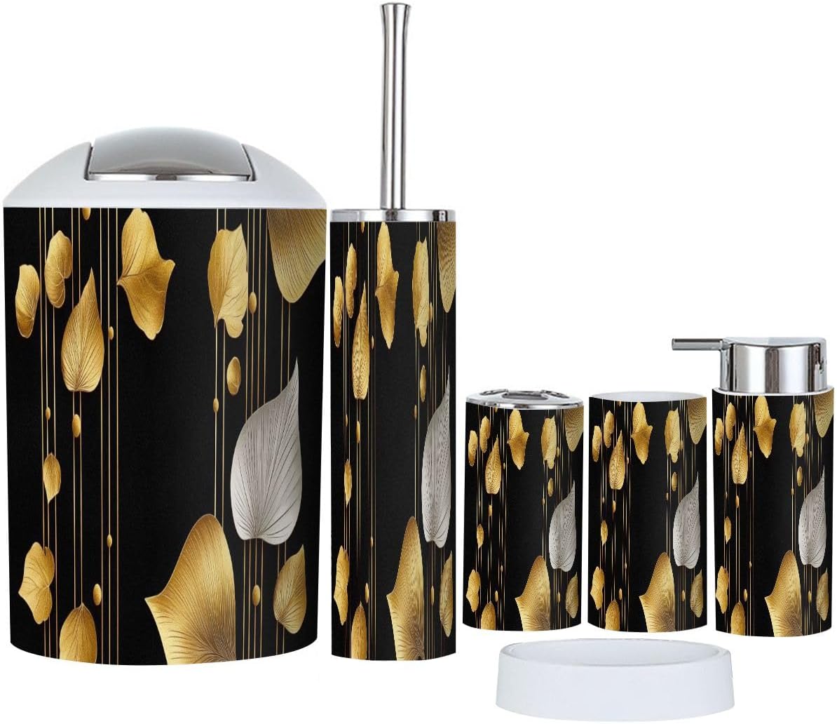 Boho 3D Golden Ginkgo Tree Bathroom Accessories Set 6 Piece