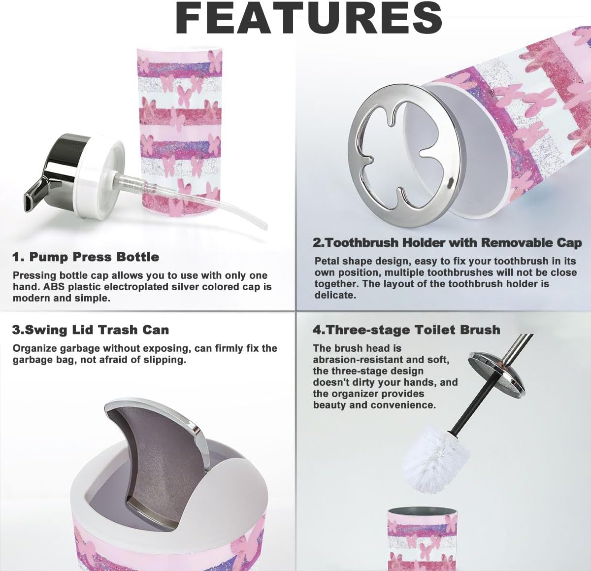 6 Piece Purple Pink Glittering Butterfly Bathroom Set