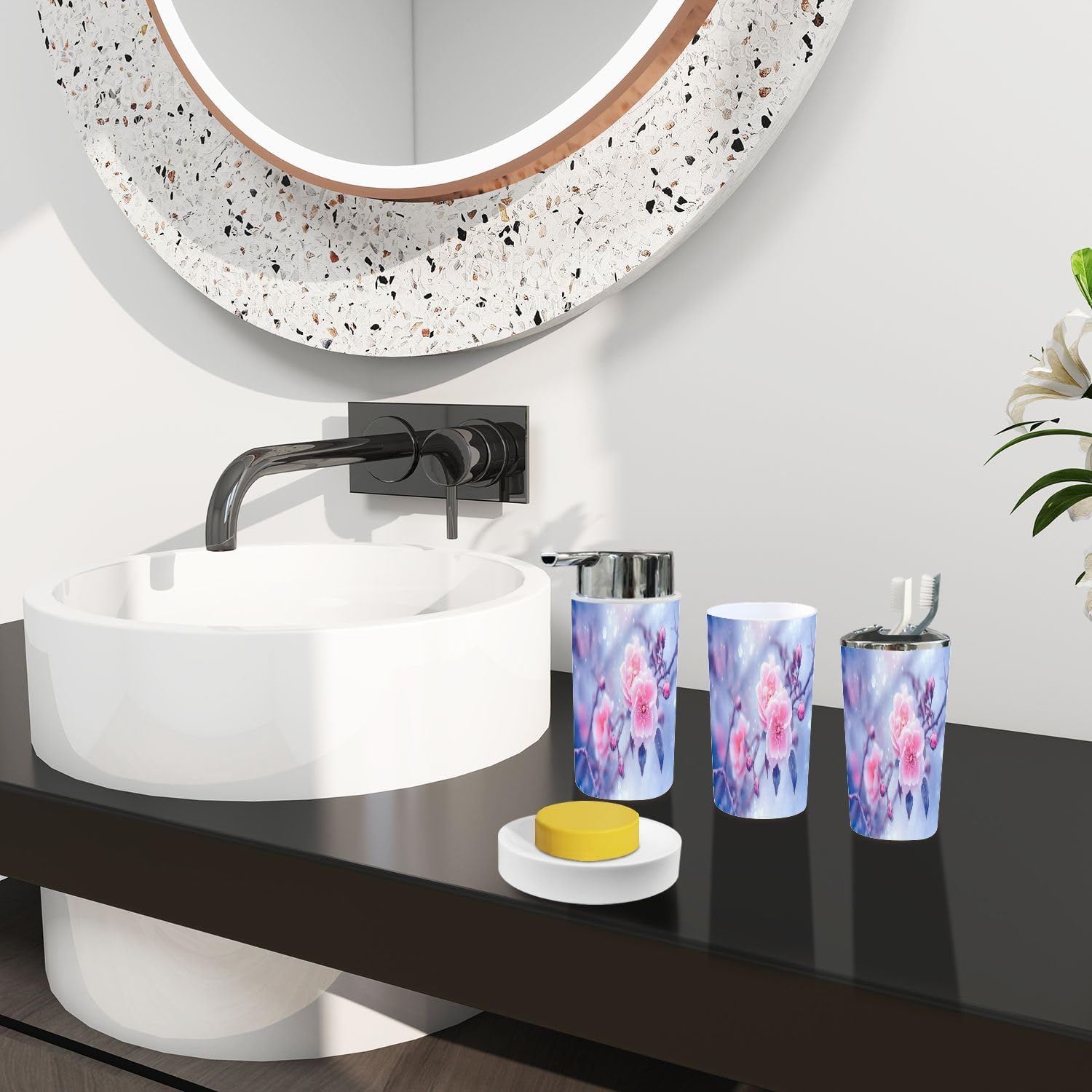 Boho Style 6-Piece Bathroom Accessory Set with Pink Roses