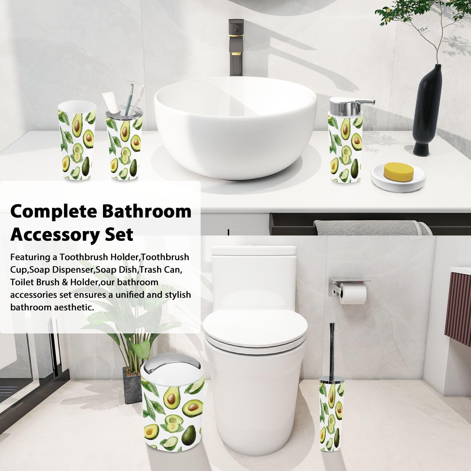 Boho Bathroom Accessory Set 6 Piece Avocado Green