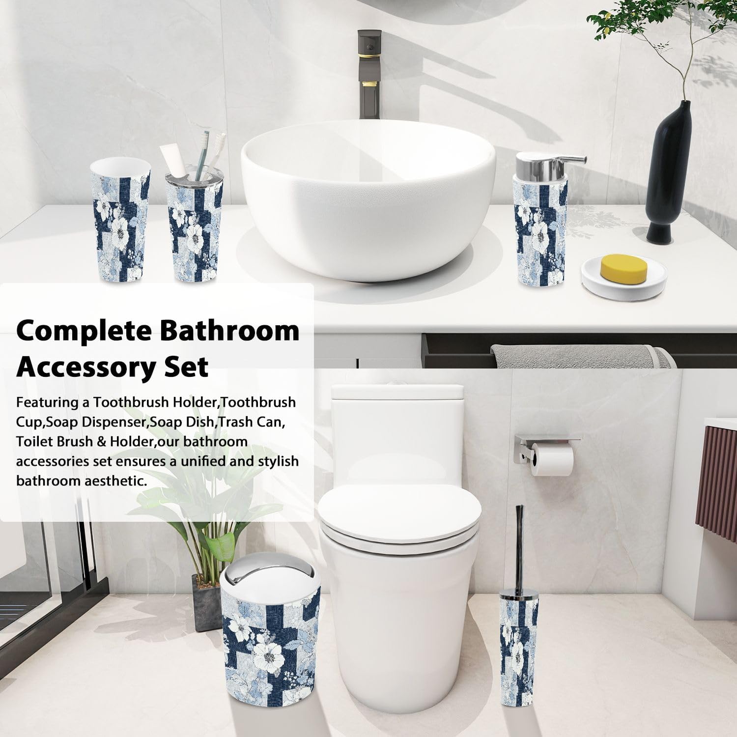 Boho Denim Patchwork Trash Can and Bathroom Accessories Set