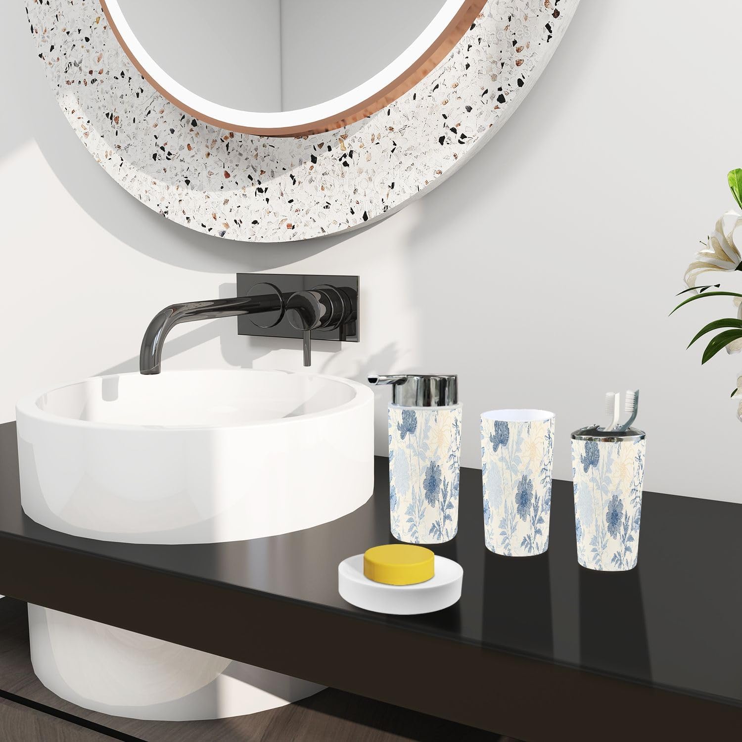 Boho Abstract Linen Textured Bathroom Accessory Set 6 Piece