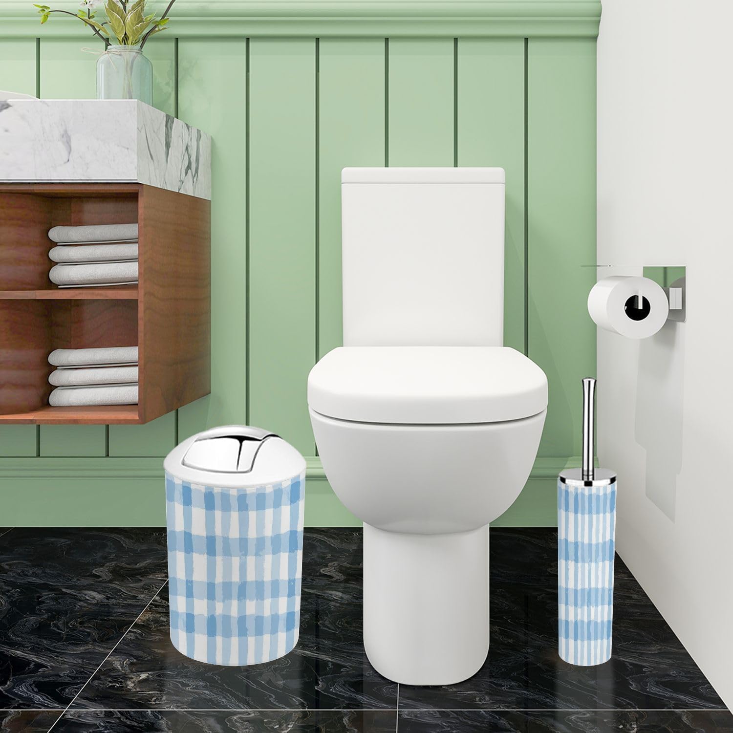 Boho Blue Gingham Bathroom Accessory Set 6 Piece