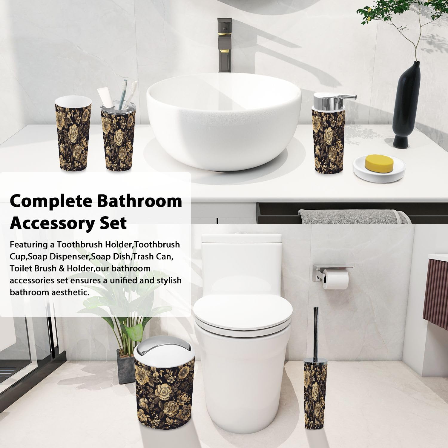Boho Bathroom Accessory Set 6 Piece Black Gold Print 1