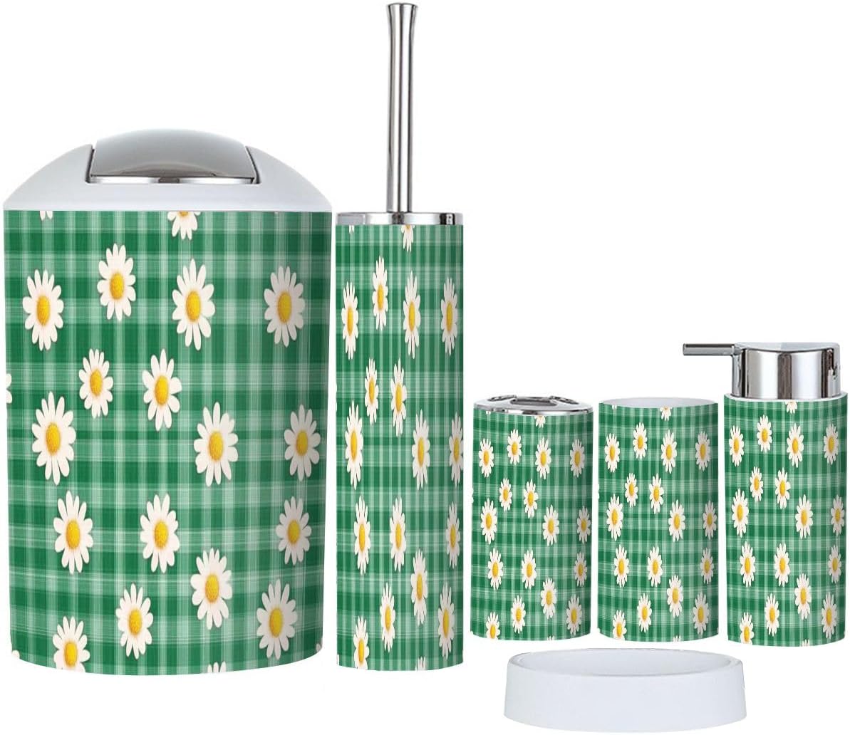 Boho Green Daisy Bathroom Accessory Set 6 Piece 1