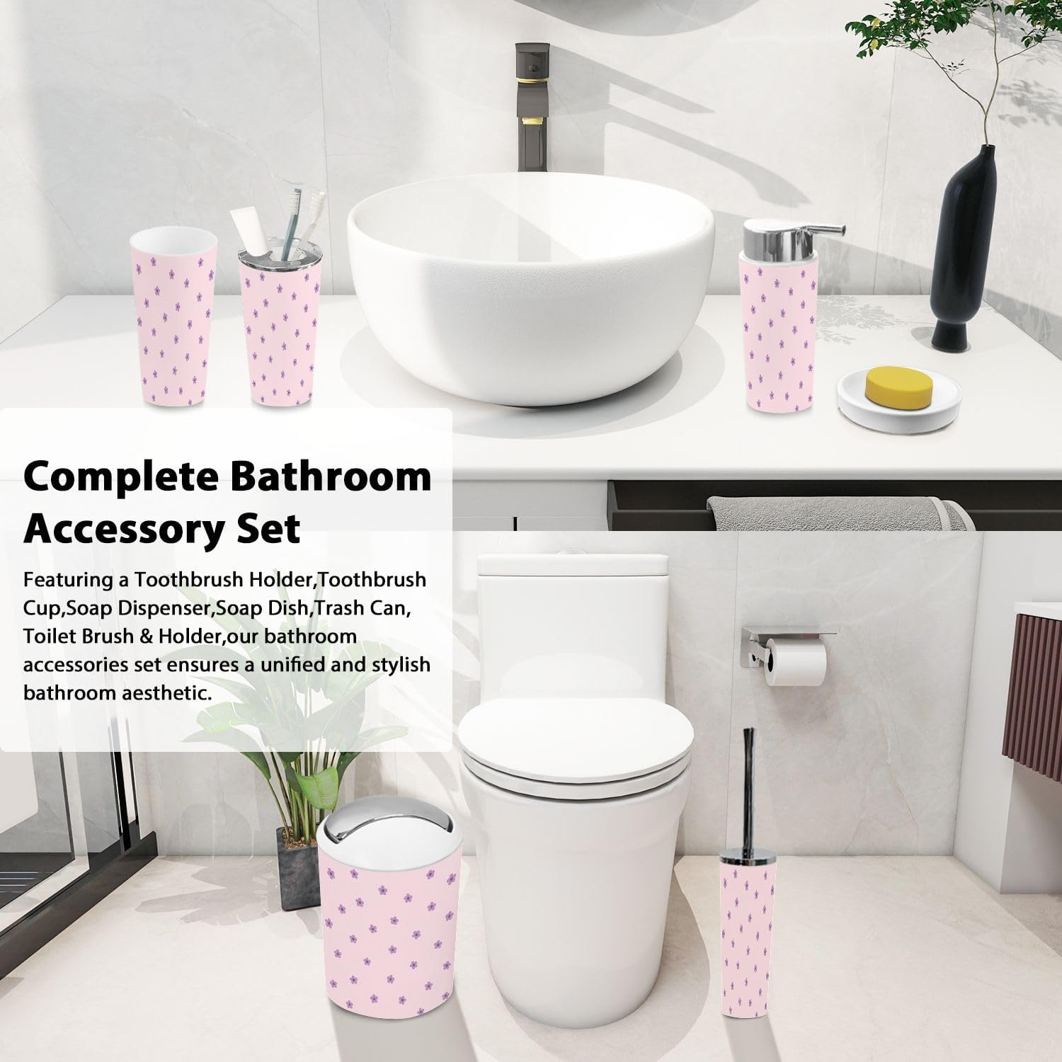Boho Cute Tiny Flowers Bathroom Accessory Set 6 Piece