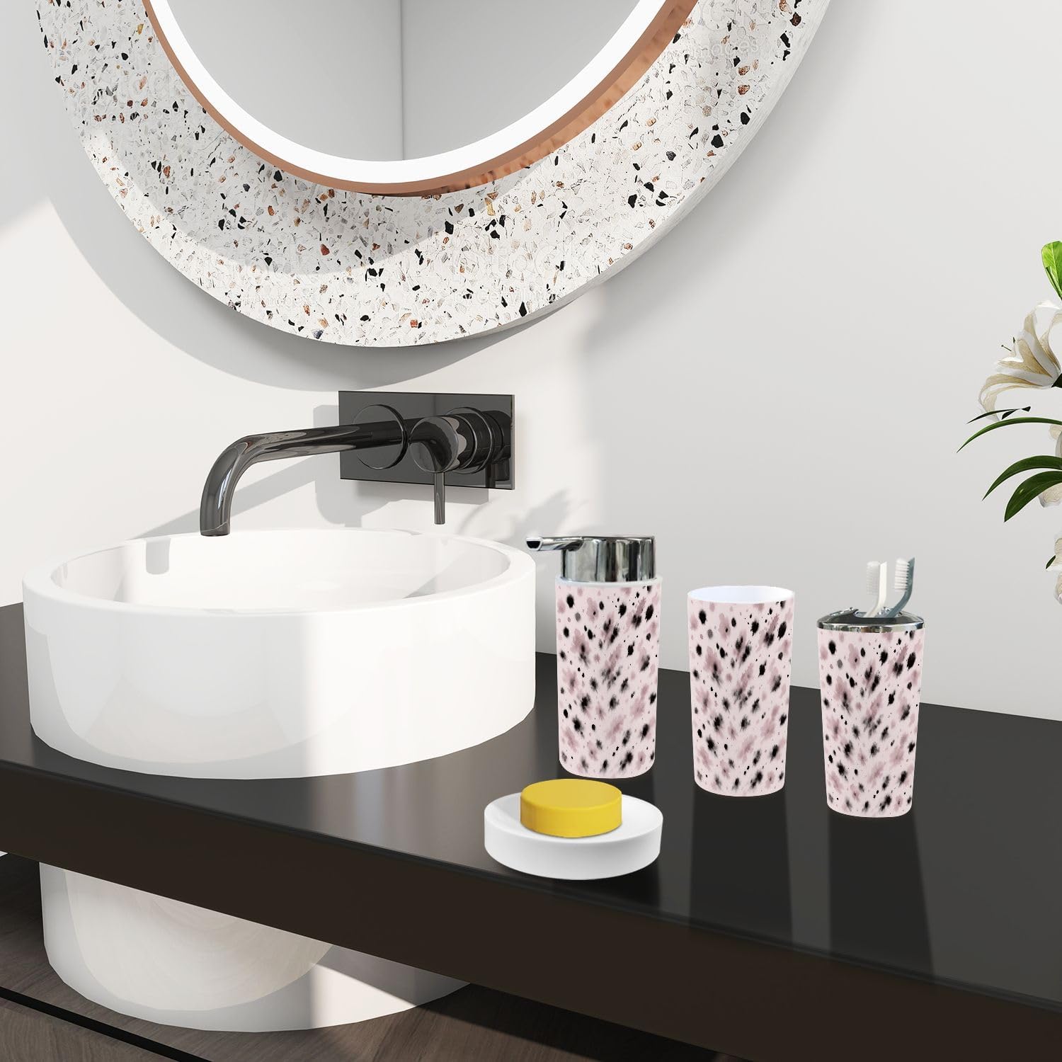 Boho Bathroom Accessory Set 6 Piece Natural Print