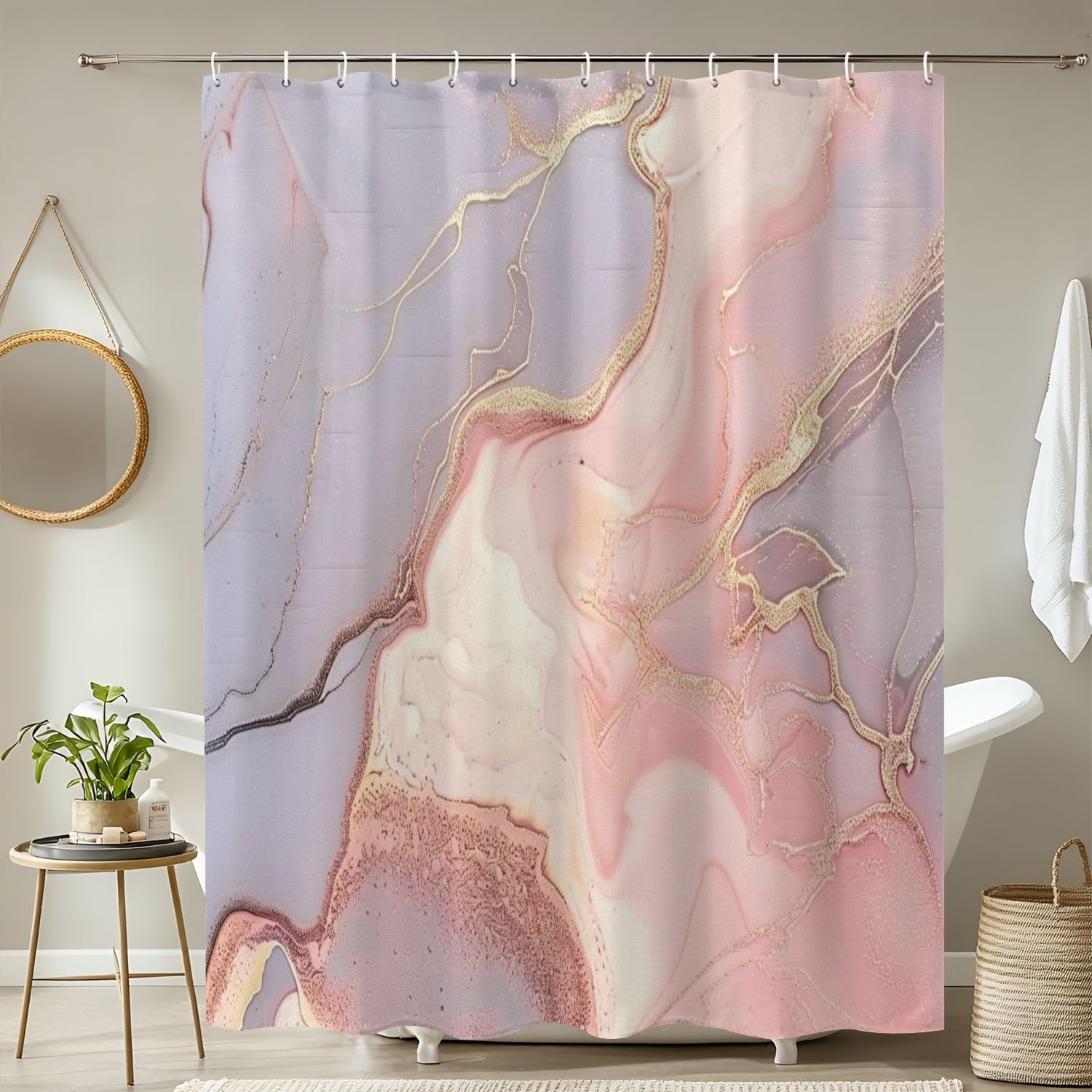JCOOKLOFTS 4 Piece Shower Curtain Set Rose Grey Gold Stone Texture