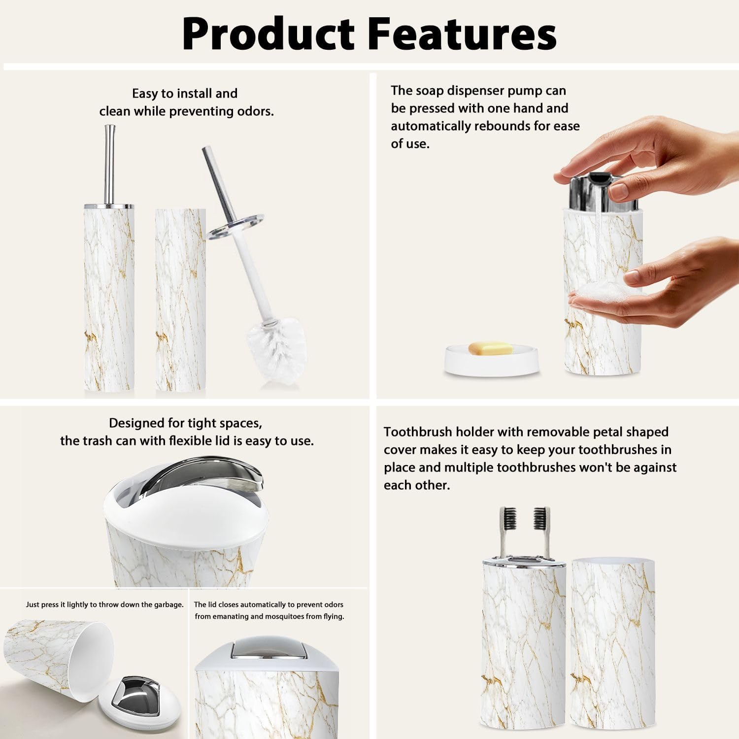 Boho Bathroom Accessory Set 6 Piece White Marble Style