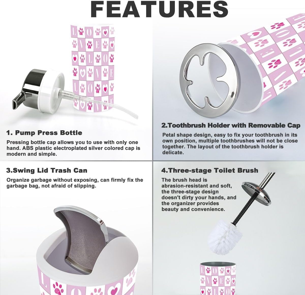 Cute Plaid Heart Bathroom Accessory Set 6 Piece
