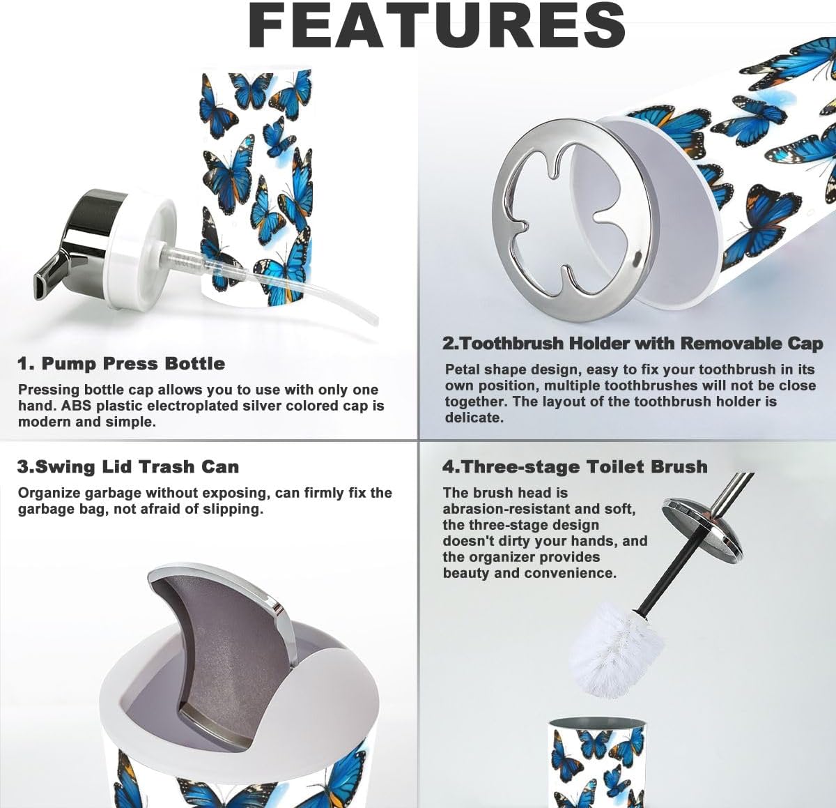 6 Piece Beautiful Blue Butterfly Bathroom Accessories Set