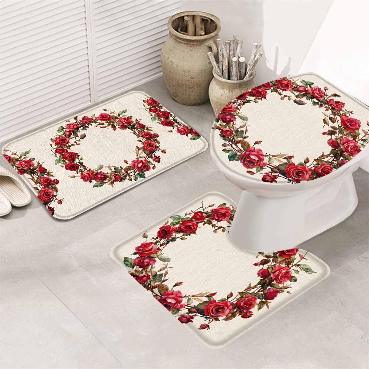 Wotrend Spring 3 Piece Bath Rug Set with Red Rose Wreath Design