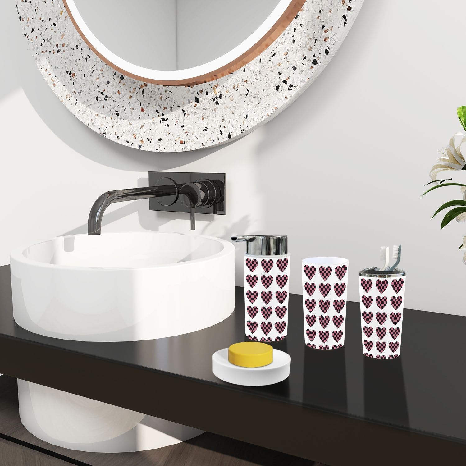 Boho Bathroom Accessory Set 6 Piece White and Pink