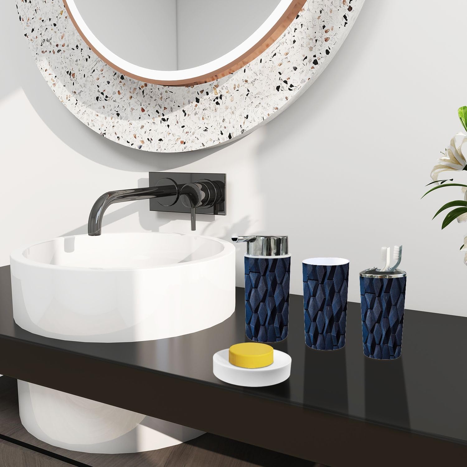 Boho 3D Wall Dark Blue Bathroom Accessory Set 6 Piece
