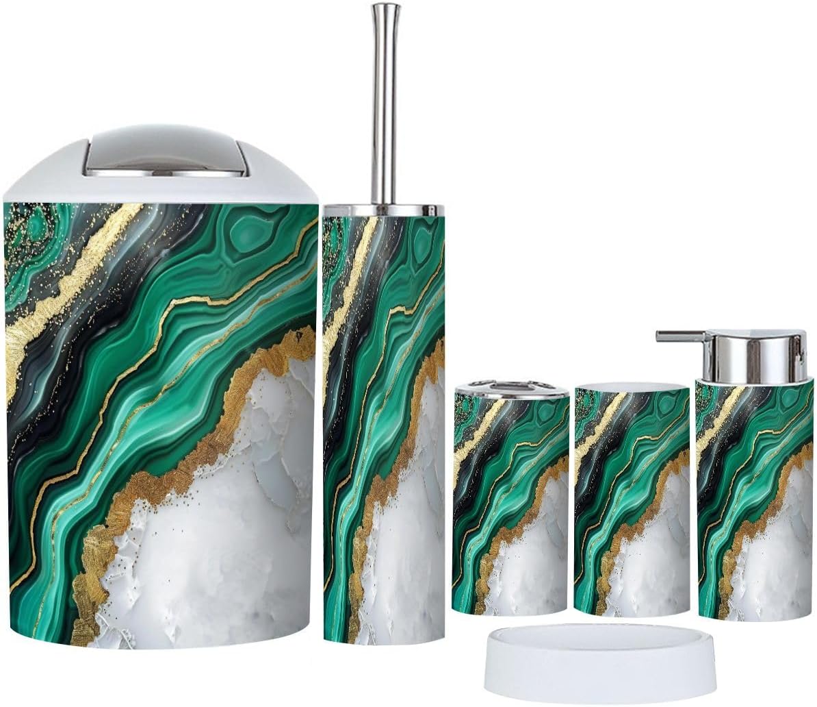 Boho Bathroom Accessory Set 6 Piece in White Marble and Green Agate