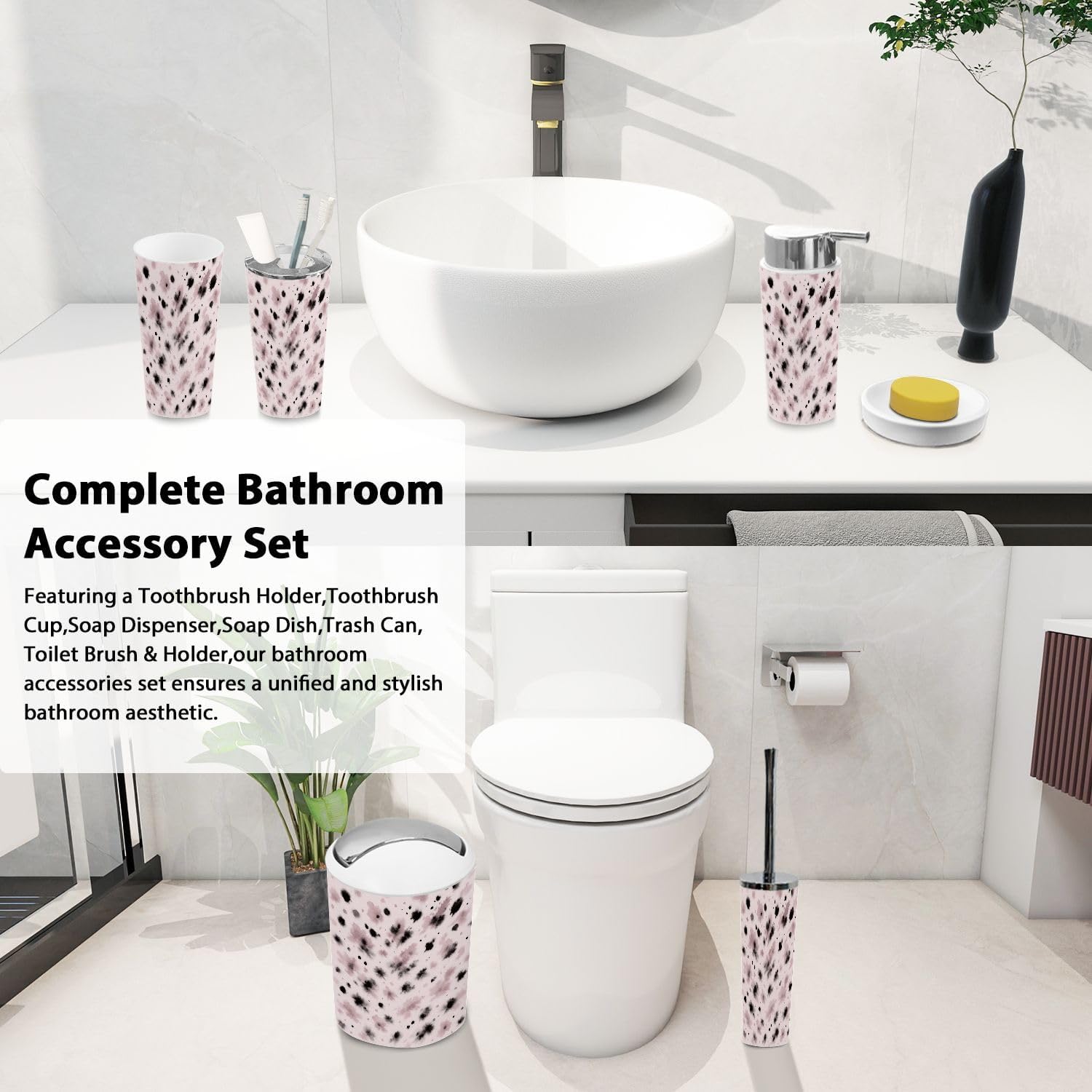 Boho Bathroom Accessory Set 6 Piece Natural Print