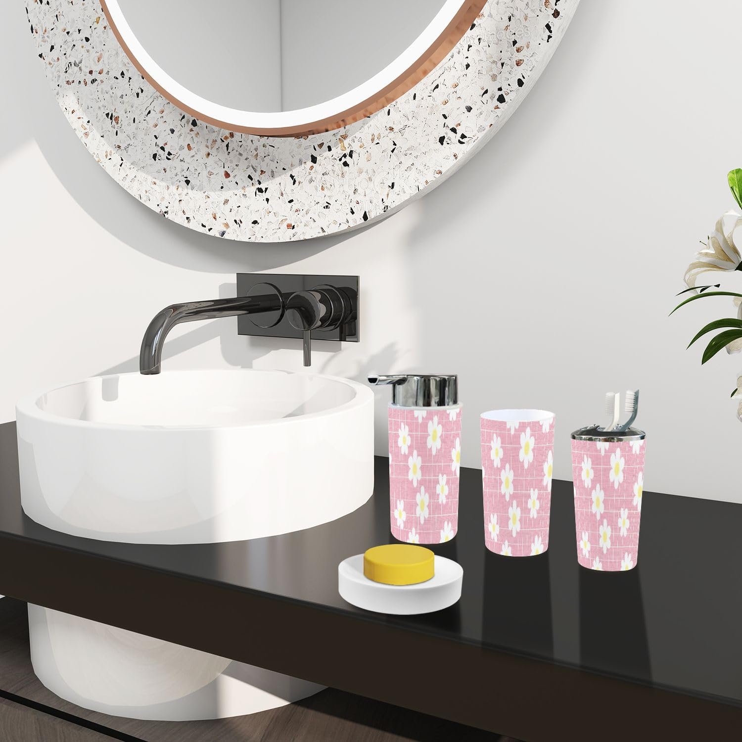 Boho Plaid Flowers Bathroom Accessory Set of 6