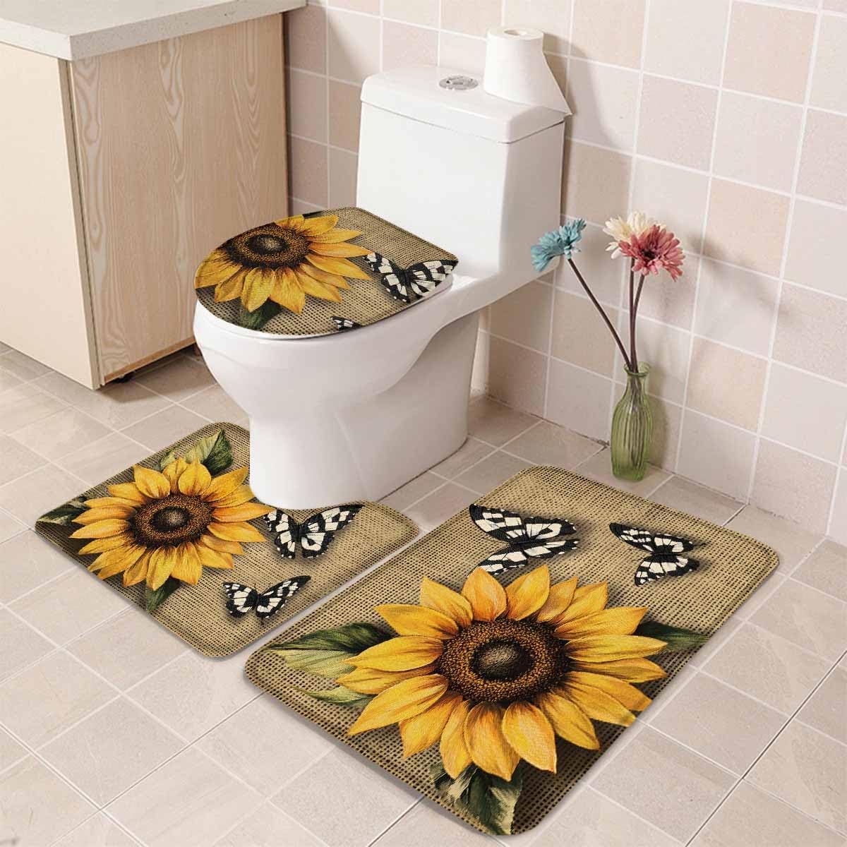 Wotrend Floral Bath Rug Set with Retro Yellow Sunflowers and Butterfly Pattern