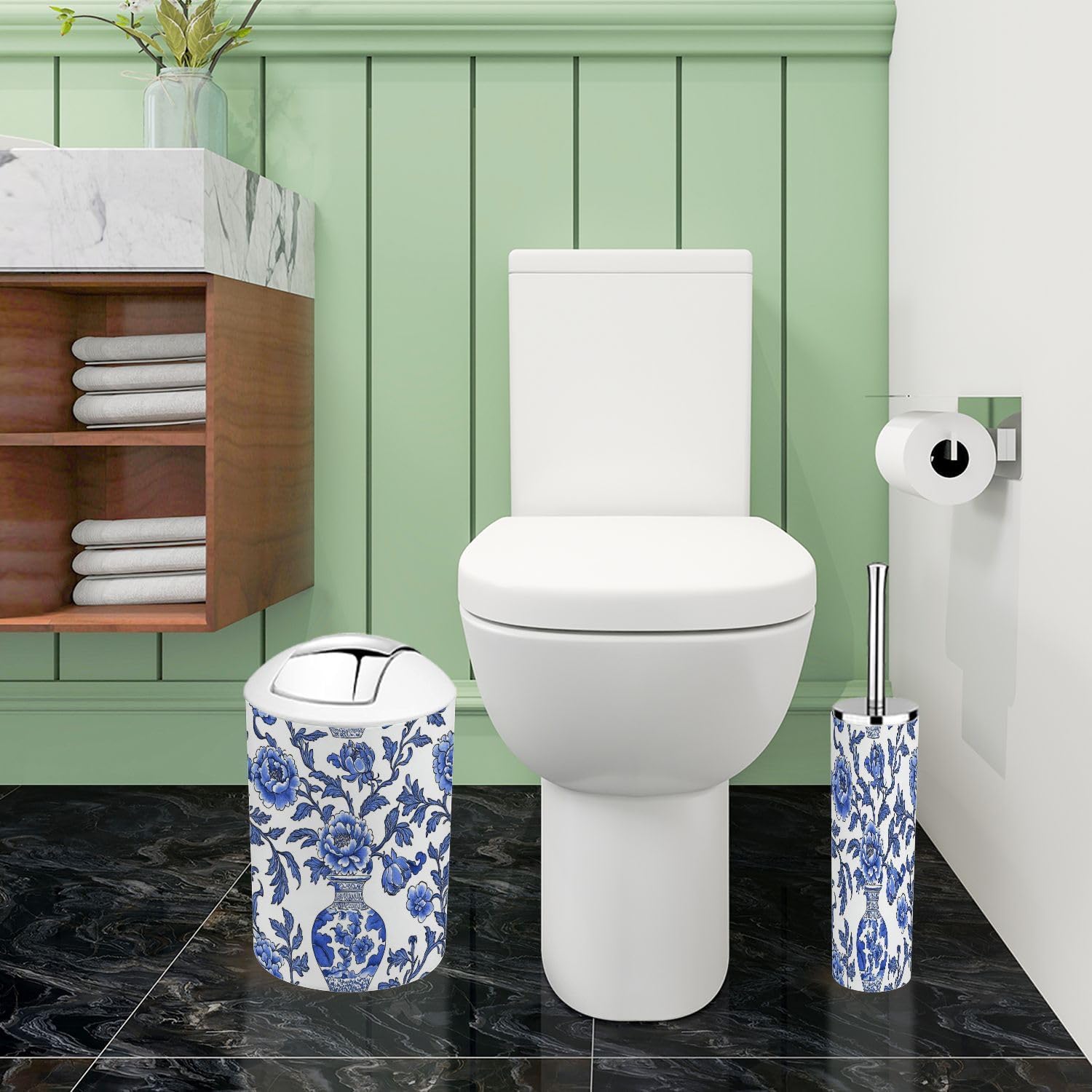 Boho Bathroom Accessory Set 6 Piece Japanese Blue