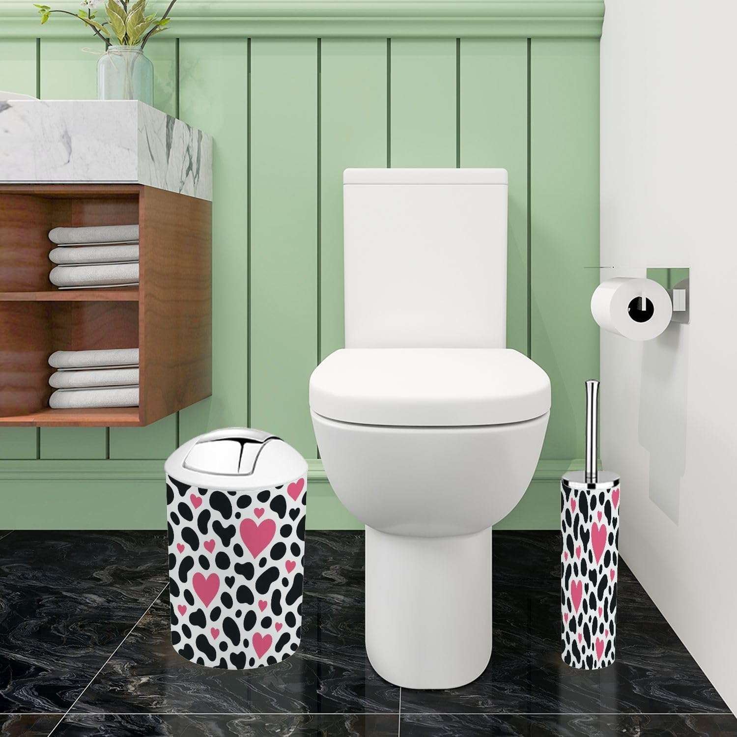 Boho Dalmatian Spot Pink Heart Bathroom Accessories Set 6 Piece