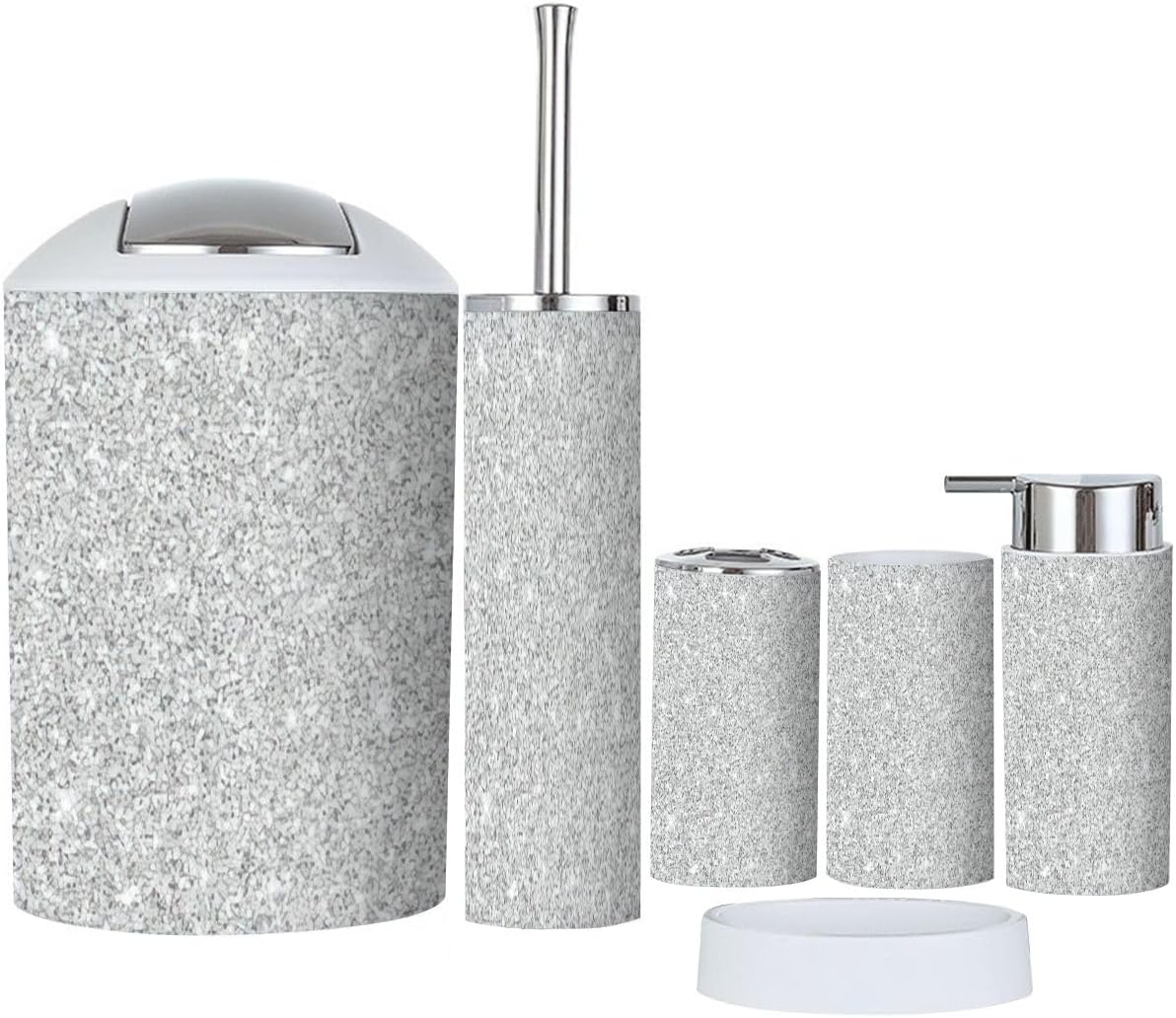 6 Piece Silver Glitter Bathroom Accessory Set