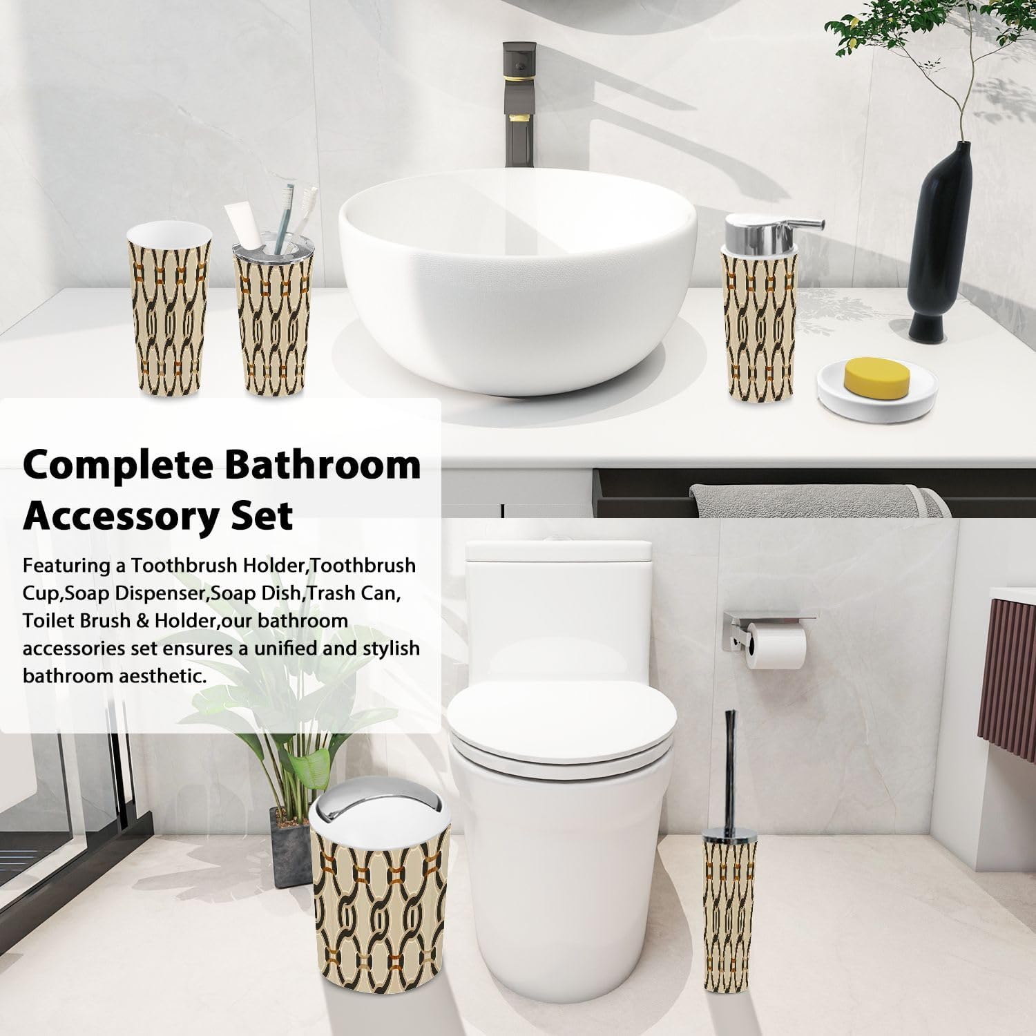 Boho Bathroom Accessory Set 6 Piece Beige