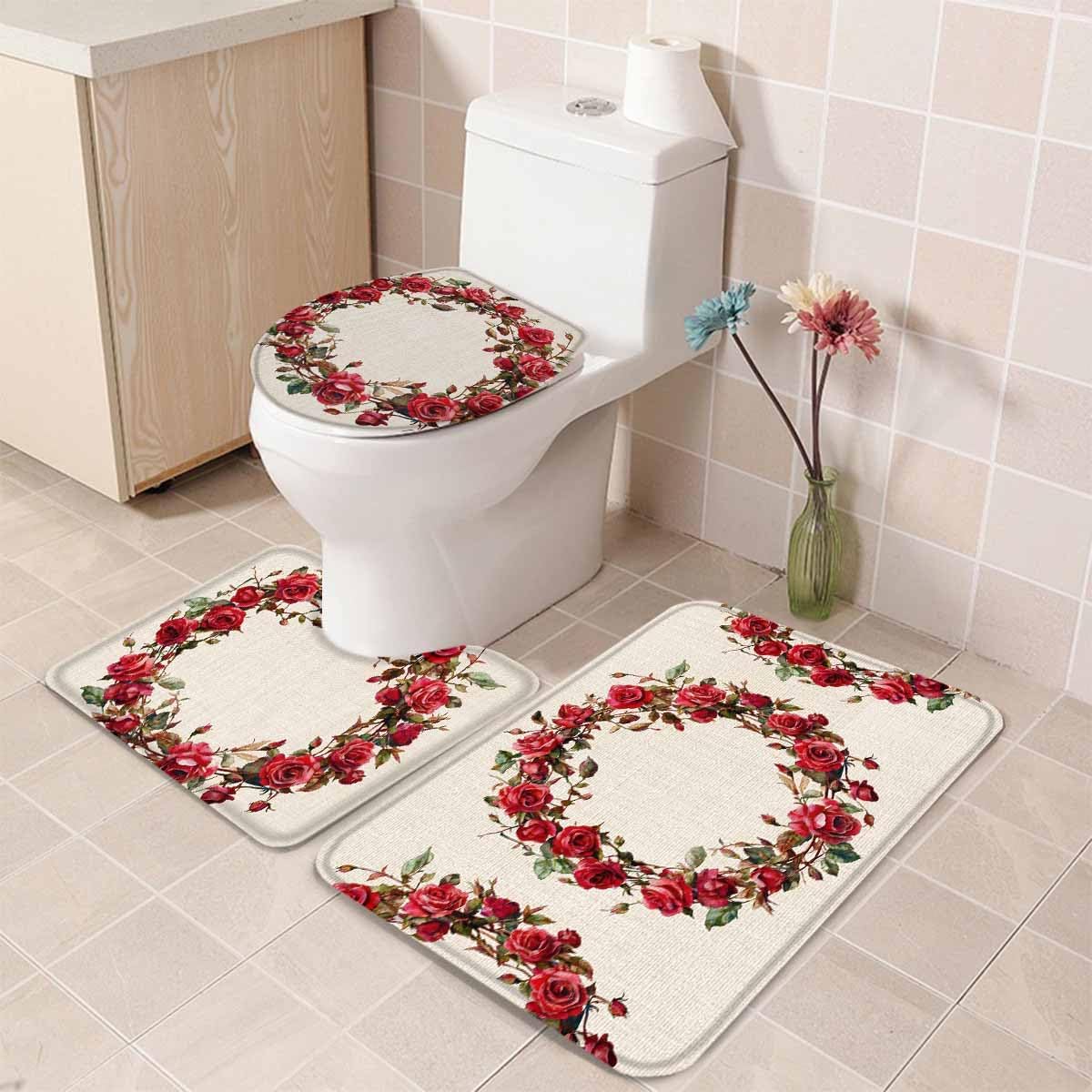 Wotrend Spring 3 Piece Bath Rug Set with Red Rose Wreath Design