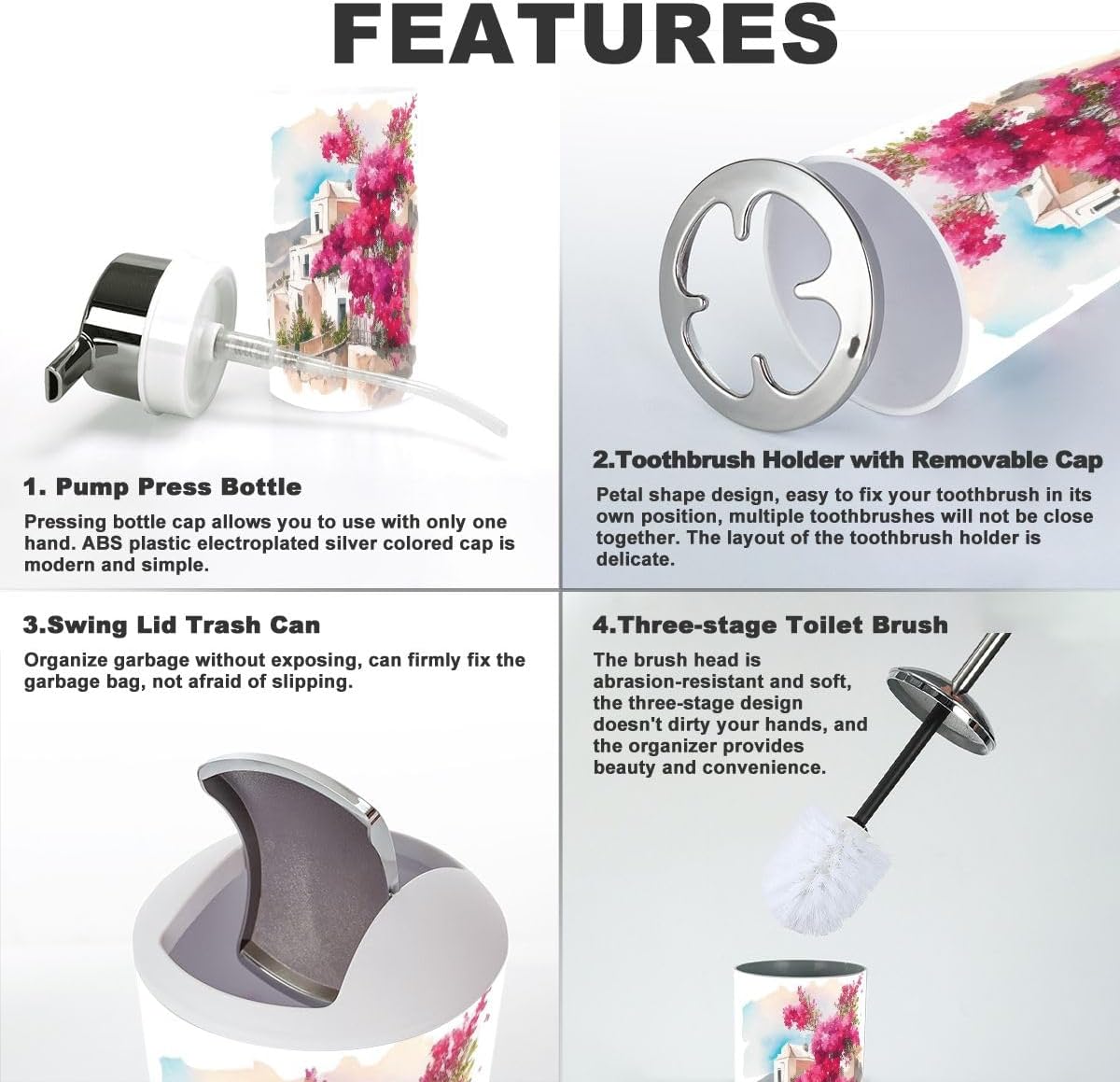 6 Piece Bathroom Accessory Set with Santorini Landscape Design