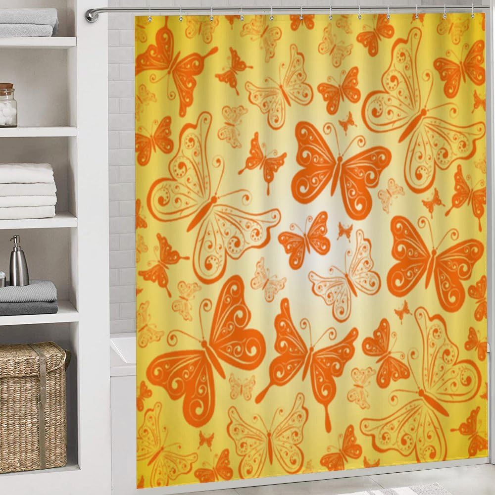 Kuizee 4 Piece Yellow Butterfly Shower Curtain Set with Non-Slip Rugs