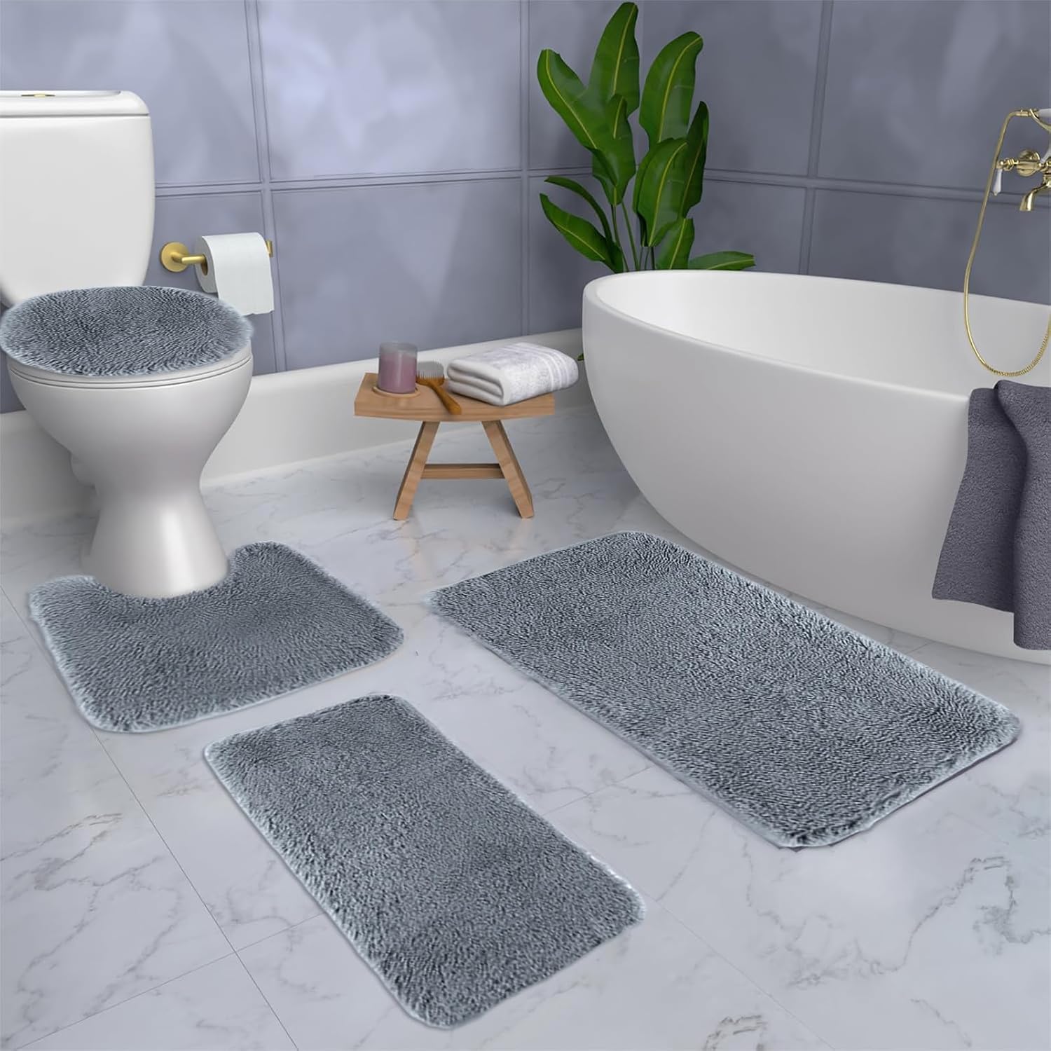 4PCS Bath Mat Set Non-Slip Soft Water Absorbent