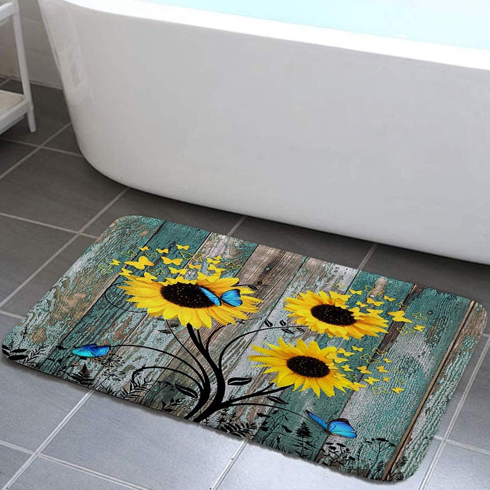 Grtuspr Sunflower Bath Rug with Teal Butterfly