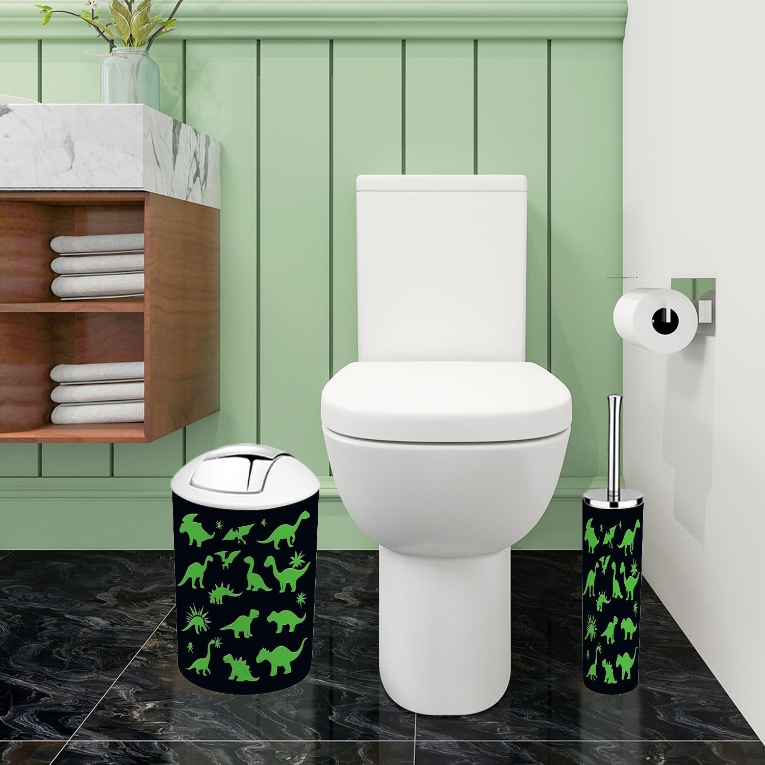 Boho Bathroom Accessory Set 6 Piece in Green and Black