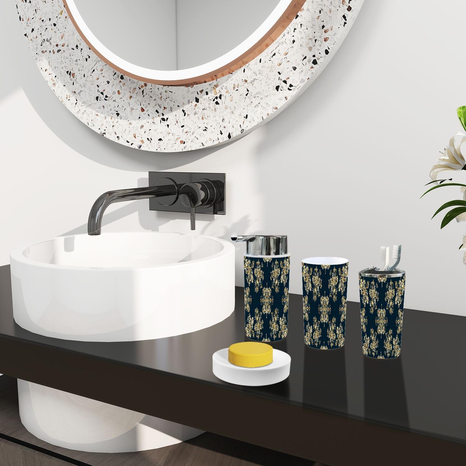 Boho Bathroom Accessory Set 6 Piece Modern Damask Pattern