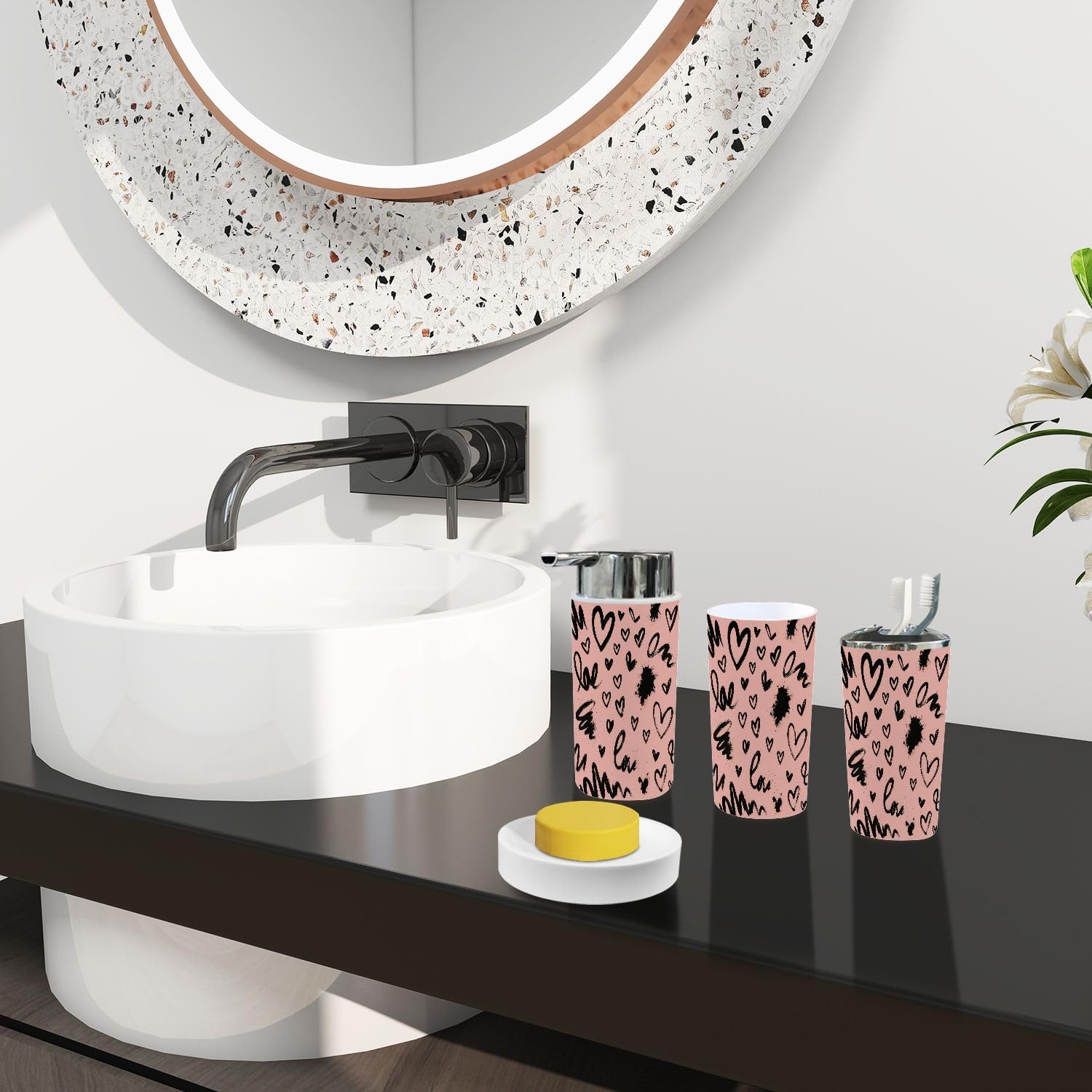 Boho Abstract Trash Can and Bathroom Accessories Set