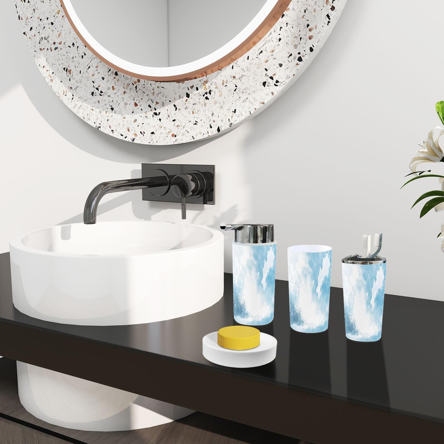 Boho Blue Sky Clouds Bathroom Accessory Set 6 Piece 1