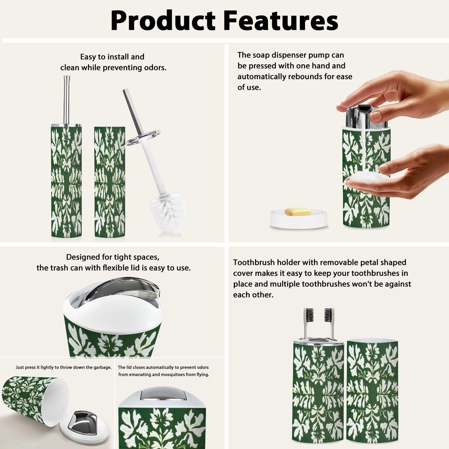 Boho Bathroom Accessory Set 6 Piece Quilt Green