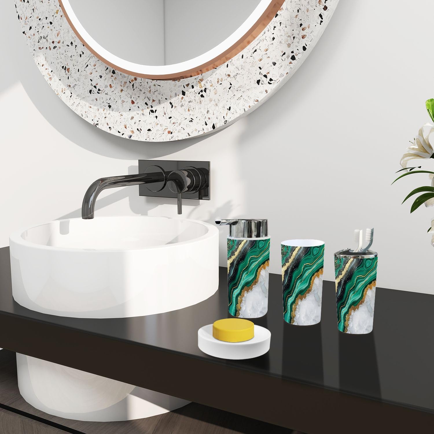 Boho Bathroom Accessory Set 6 Piece in White Marble and Green Agate