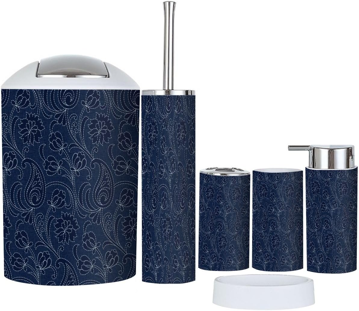 6 Piece Navy Paisley Bathroom Accessory Set