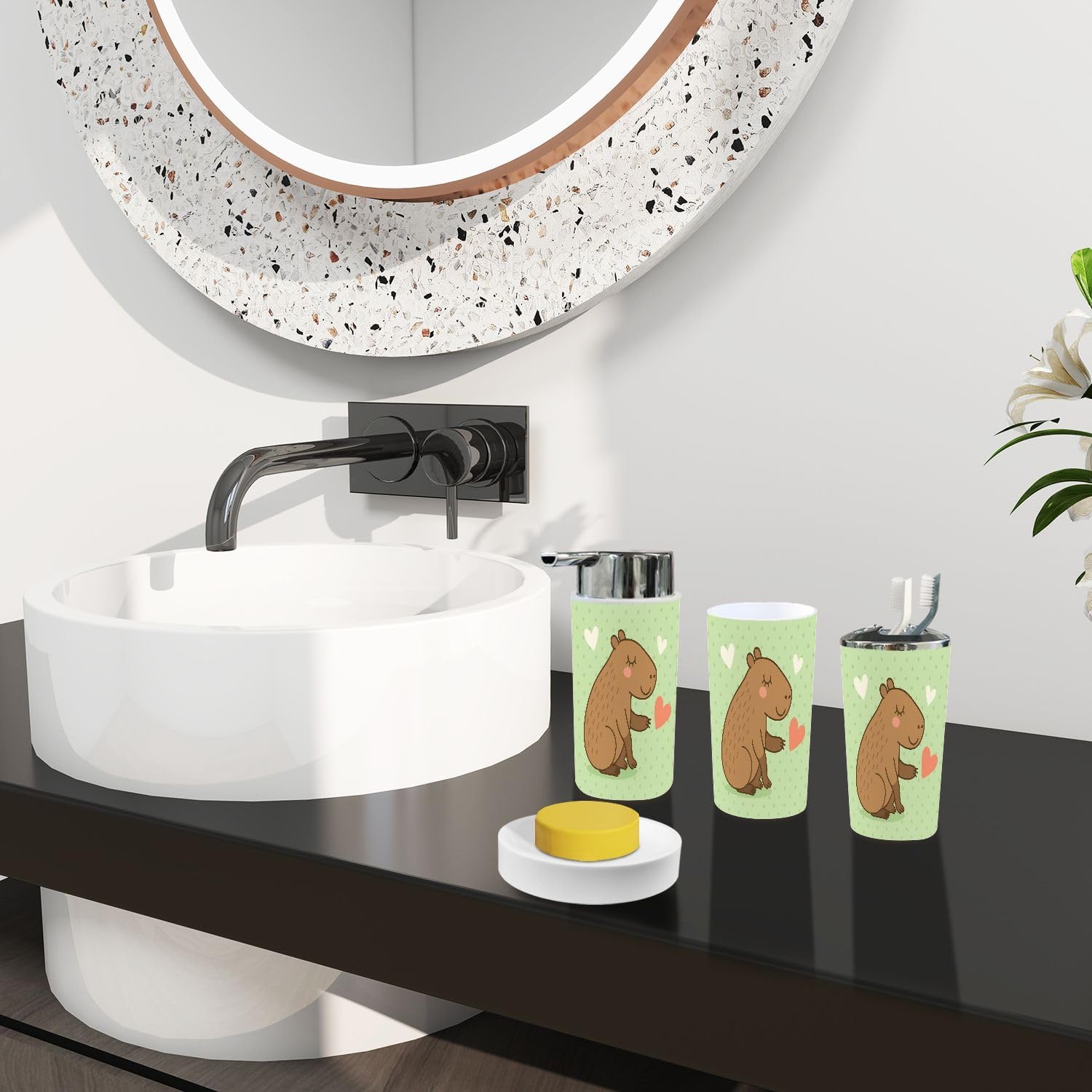 Boho Cartoon Capybara Bathroom Accessory Set 6 Piece