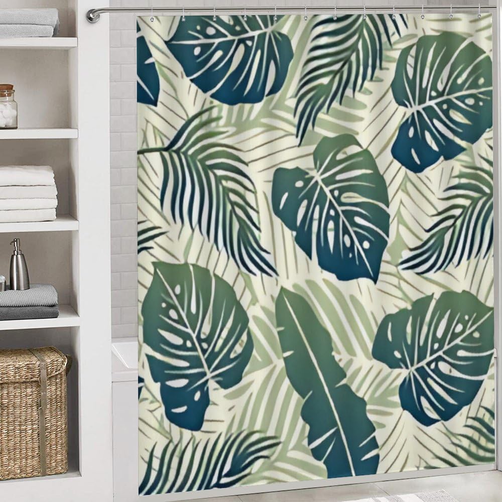 Kuizee 4-Piece Tropical Green Leaf Shower Curtain Set with Non-Slip Rugs