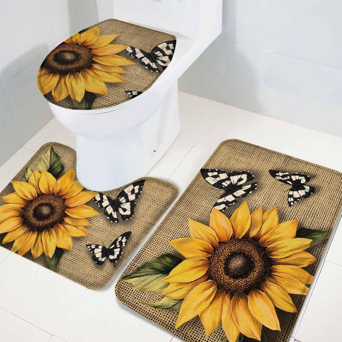 Wotrend Floral Bath Rug Set with Retro Yellow Sunflowers and Butterfly Pattern