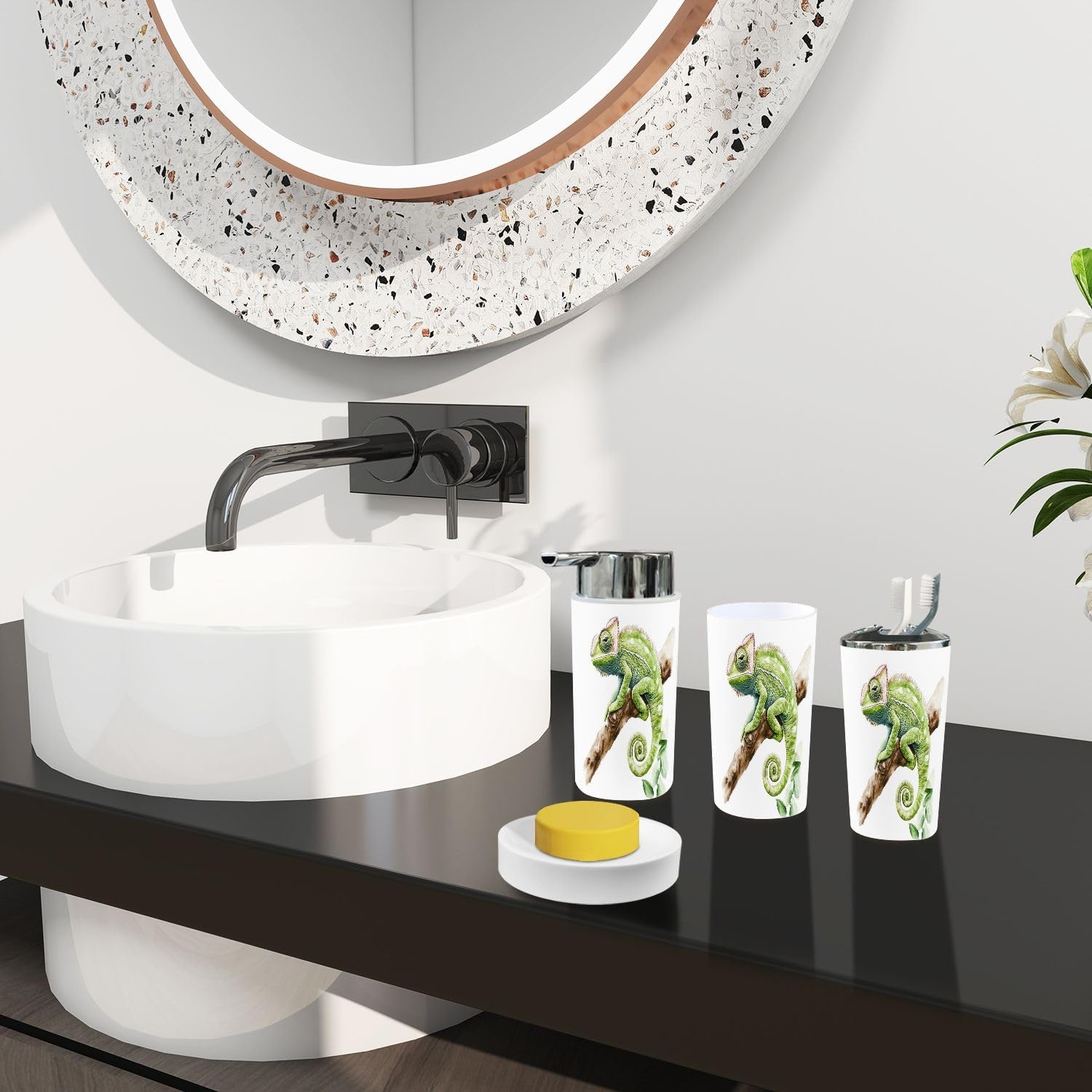 Boho Green Chameleon Animal Bathroom Accessory Set of 6