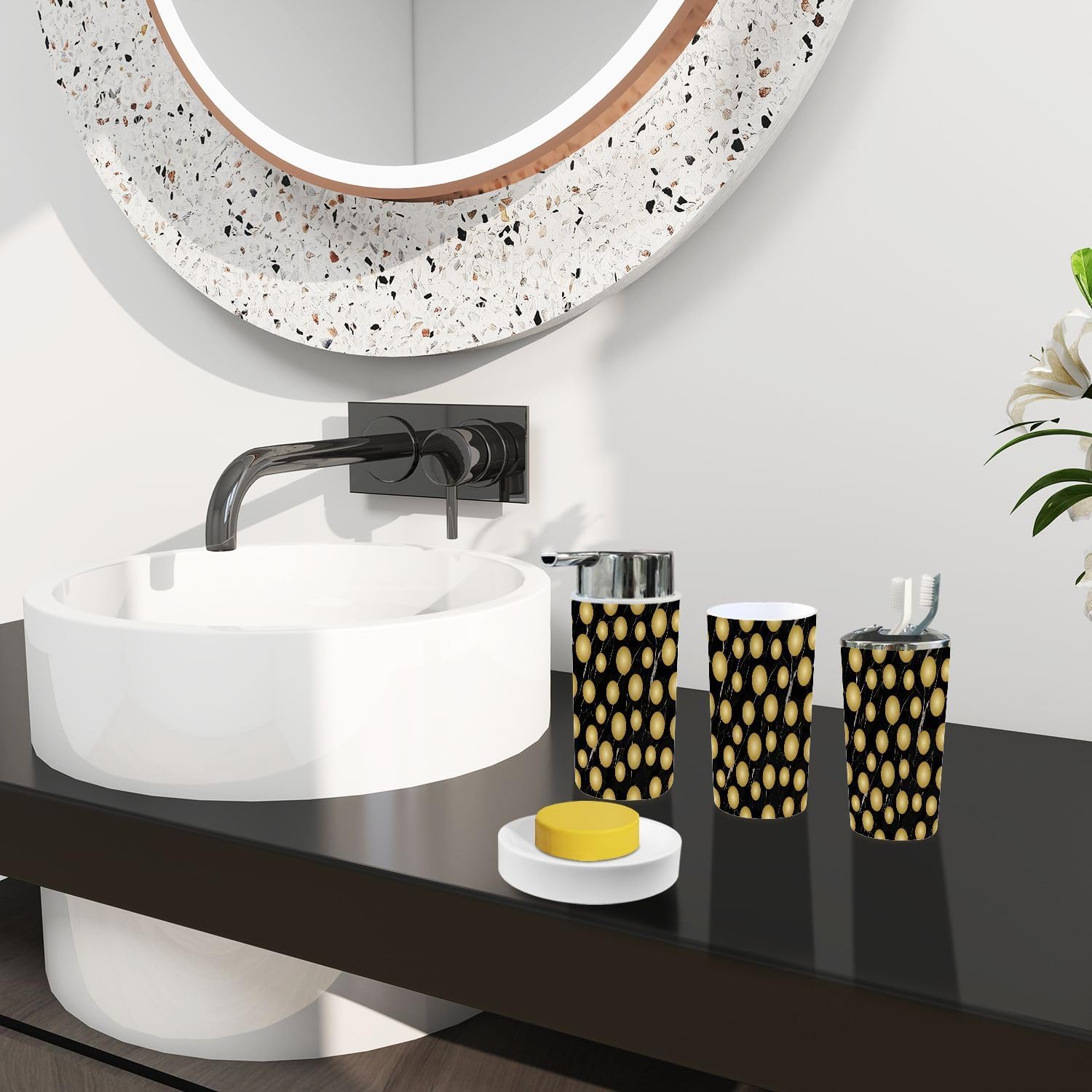 Boho Bathroom Accessories Set 6 Piece Gold Polka Marbling