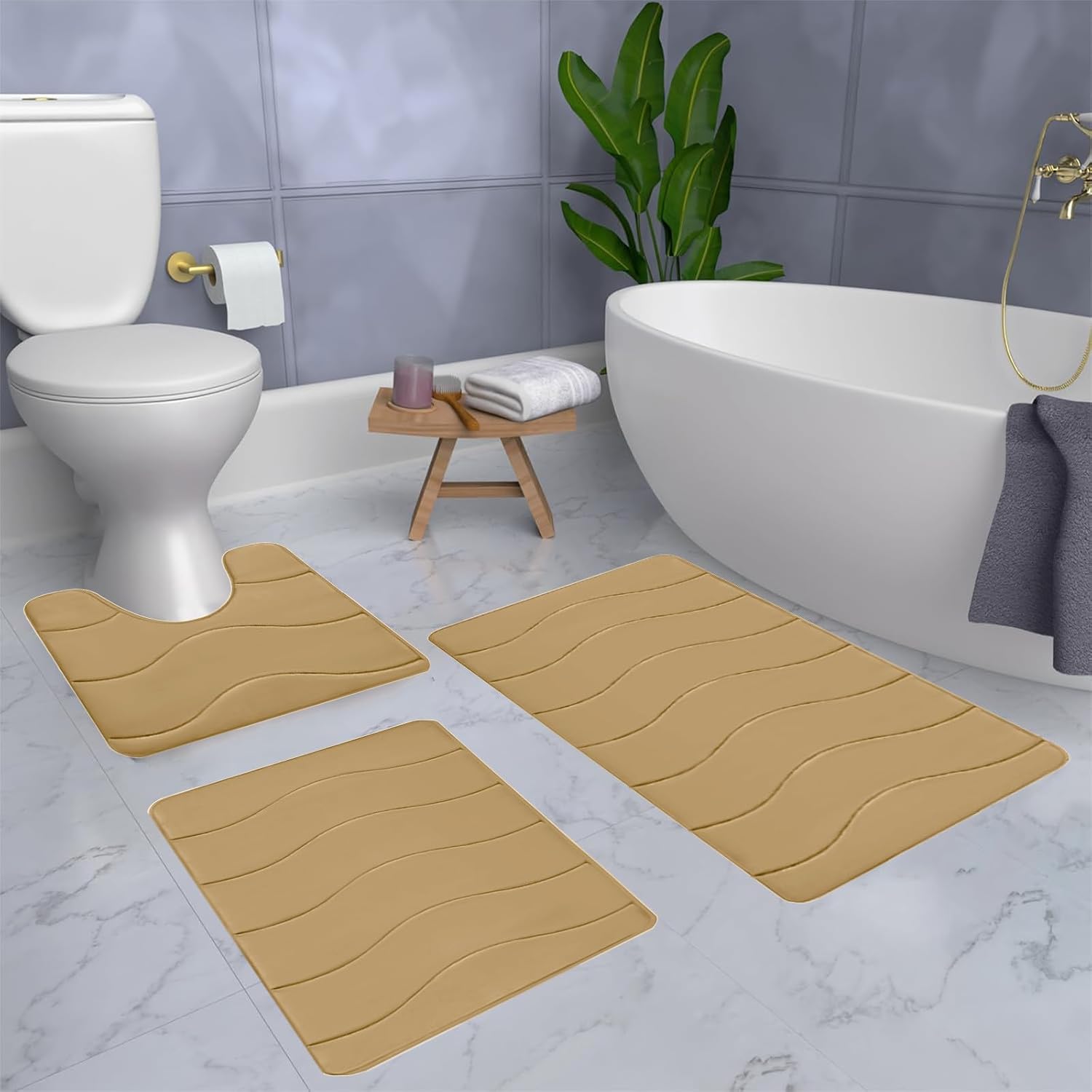 3 Pcs Memory Foam Bath Mat Set with Non-Slip Design