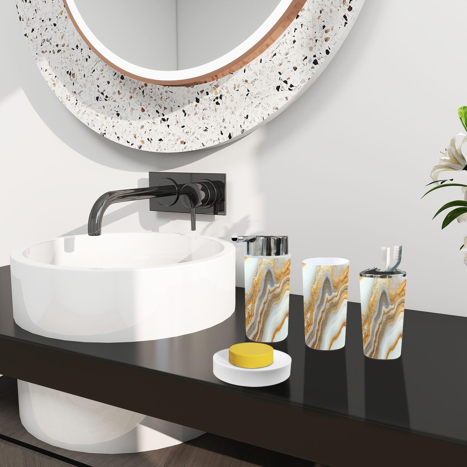 Boho 6-Piece Bathroom Accessory Set with Marble Texture