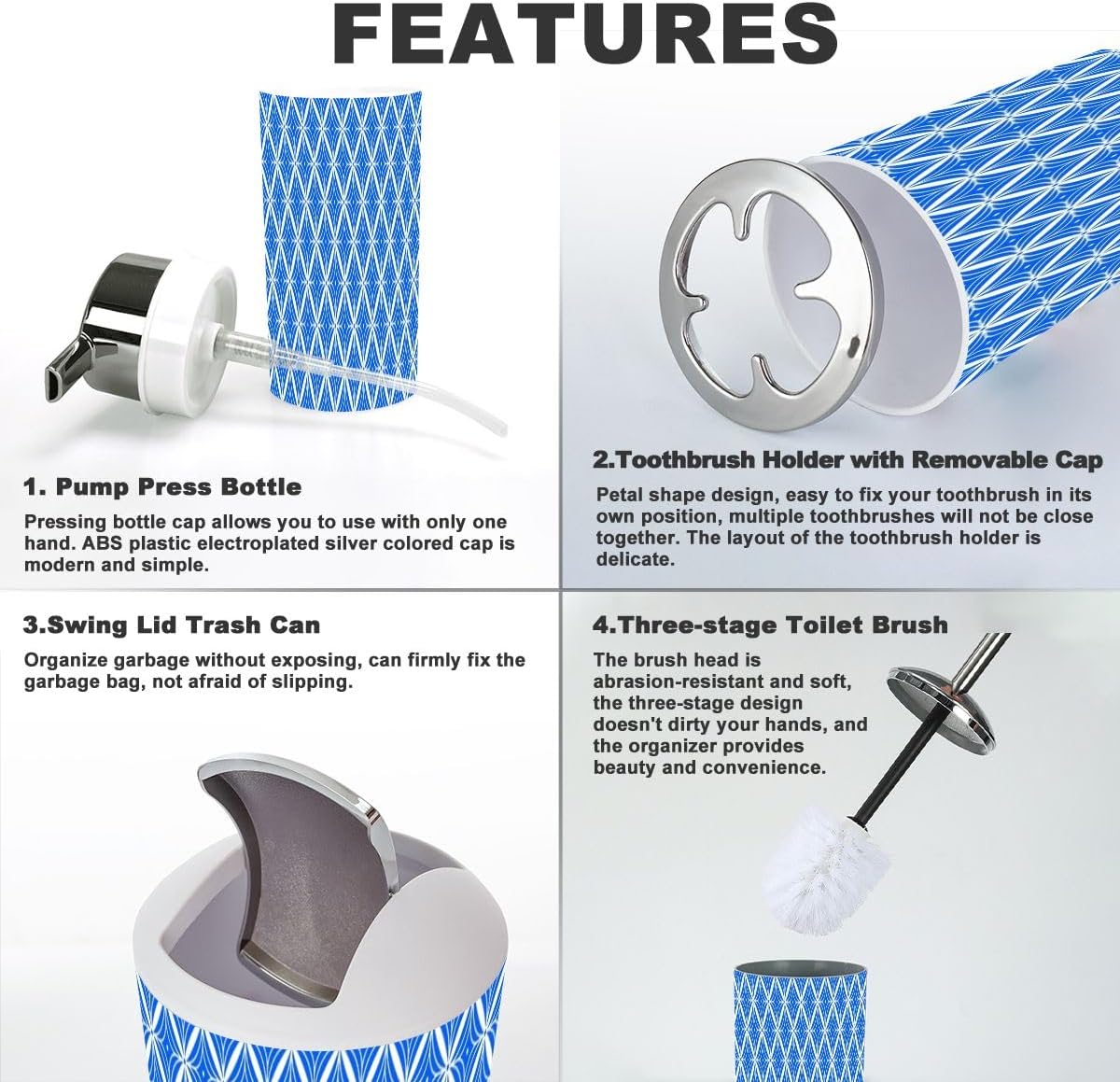 Modern 6 Piece Blue White Tile Bathroom Accessories Set