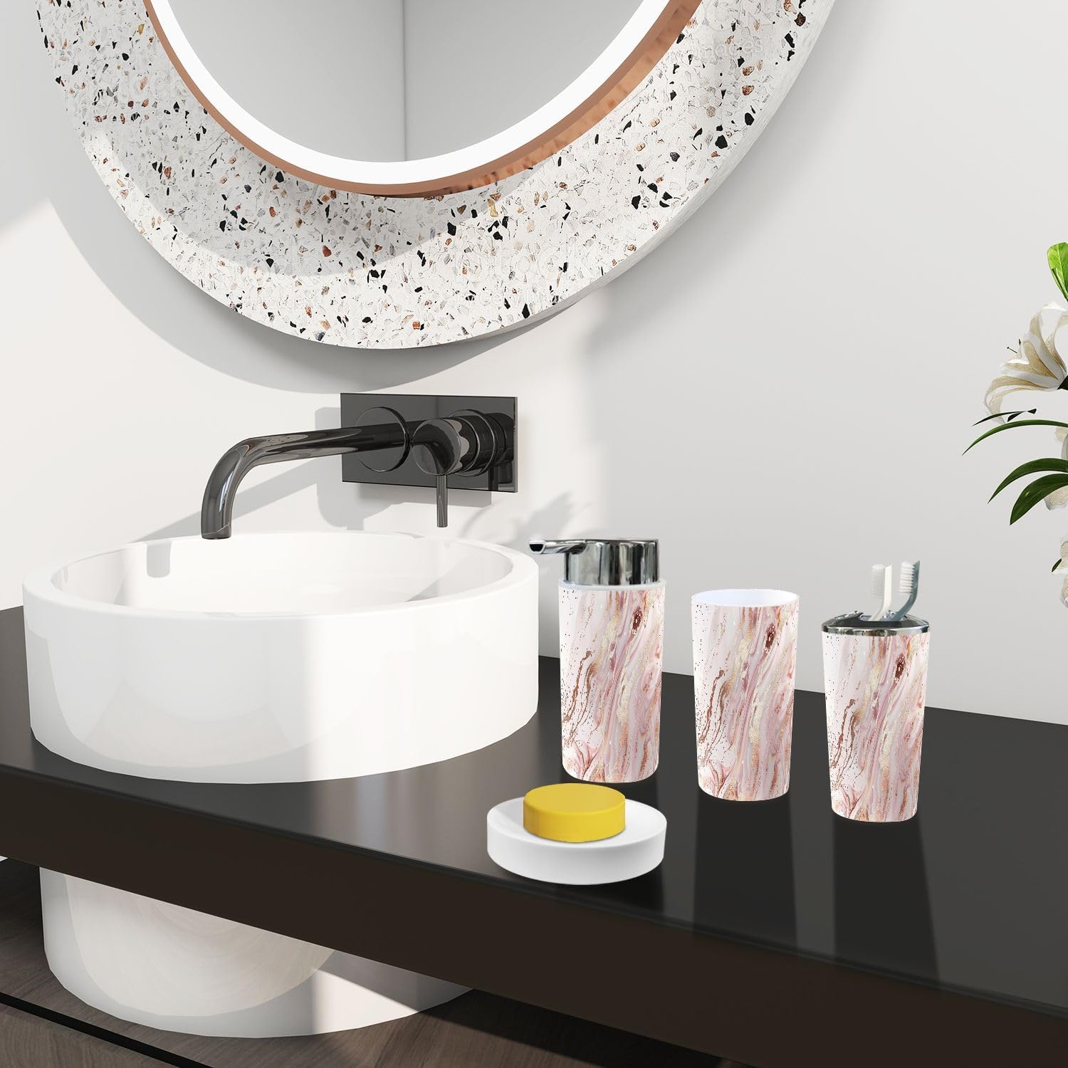 Boho Rose Gold Glitter Trash Can and Accessories Set