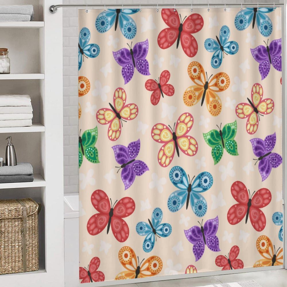 Kuizee 4-Piece Butterfly Shower Curtain Set with Non-Slip Bath Rugs
