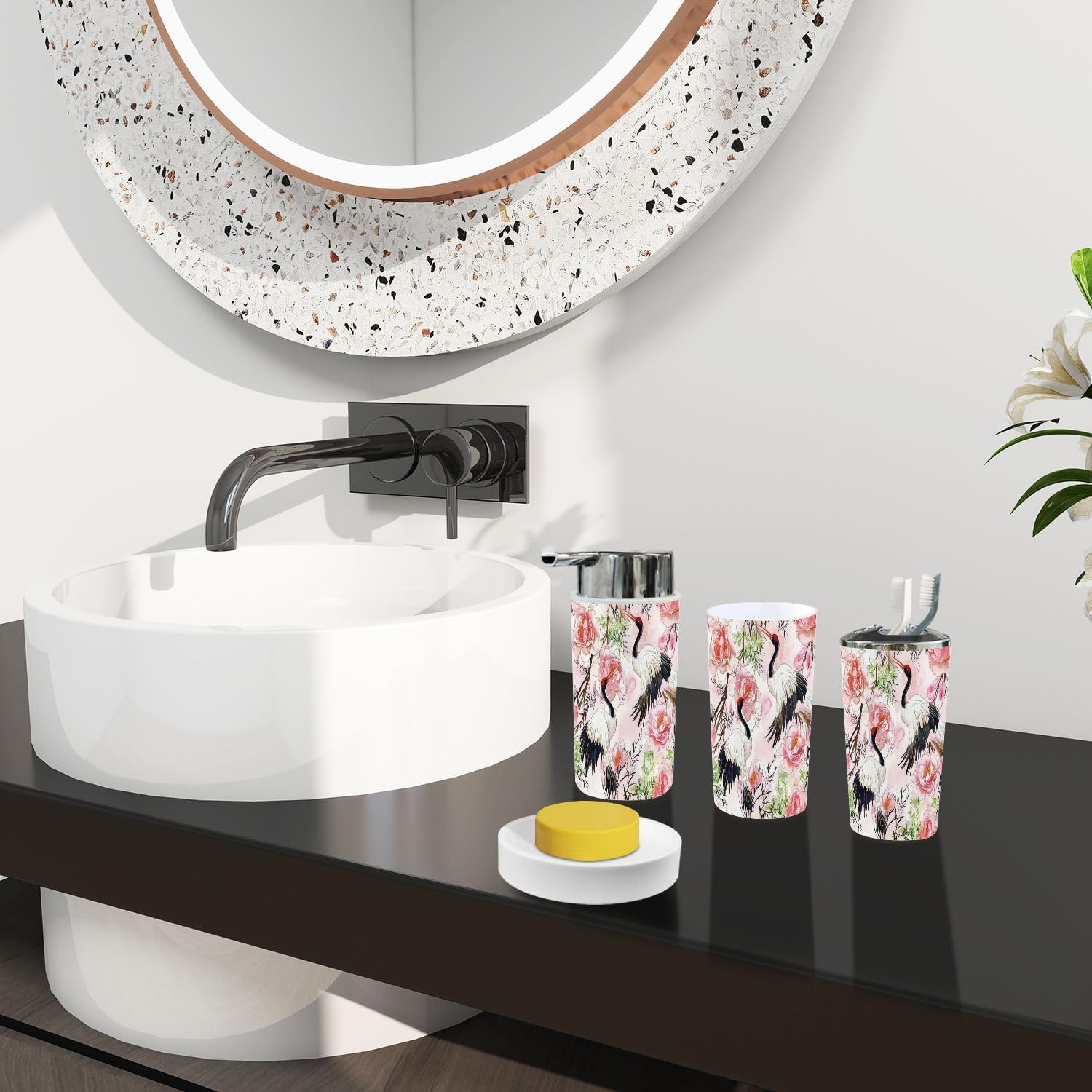 Boho Bathroom Accessory Set 6 Piece Japanese Motif